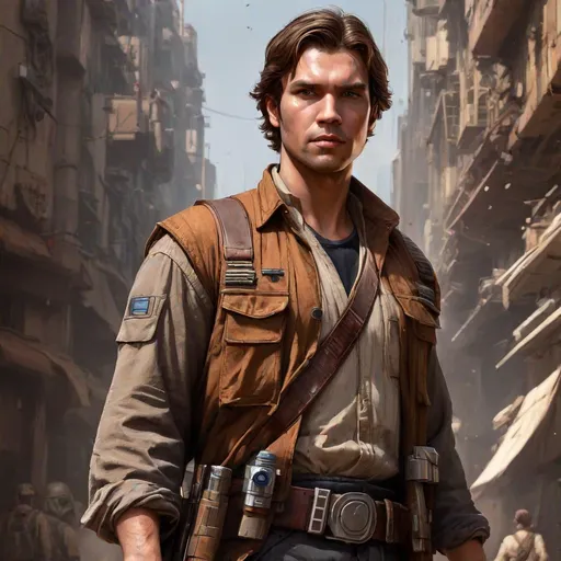 Prompt: Star Wars Character portrait, close up, dlsr, White male, brown hair, in street shirt, unbuttoned street shirt, dark utility jacket with lots of pockets and straps, padded jacket, utility cargo pants, utility belt, cargo pants with buckles and belt, pockets, Sci-fi, belt, Start Wars, futuristic, Star Wars art, high res, detailed, textured, dark color pallet, muted tones, minimal colors, straight lines and angles, belts and buckles and straps. Blaster pistol in hand, holster, high quality digital art, real lighting, Star Wars ascetic, Star Wars Design. 4k, ray tracing, volume lighting, padded jacket, jacket with exterior pockets

