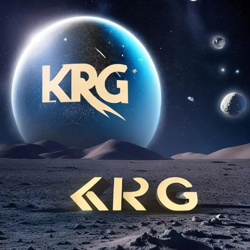 Prompt: Text that says KRG on a moon that’s as bright as a star. With meteorites glittering the background 
