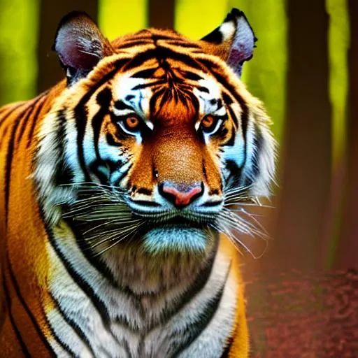 Prompt: close up photo of a tiger, forest, haze, halation, bloom, dramatic atmosphere, centred, rule of thirds, 200mm 1.4f macro shot