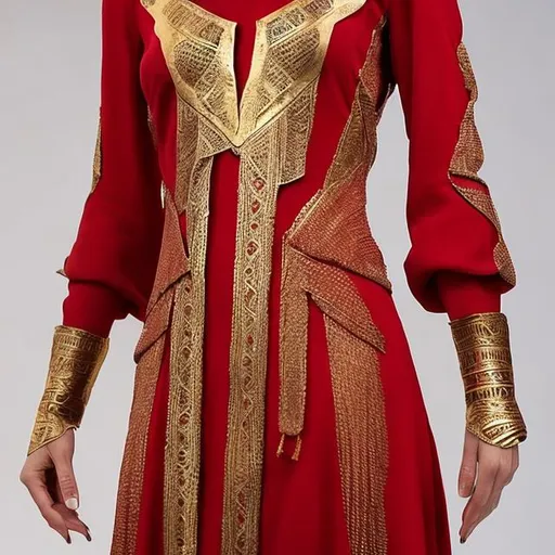 Prompt: Plain red pharaonic women's dress with long sleeves and golden cuffs, with a modern cut