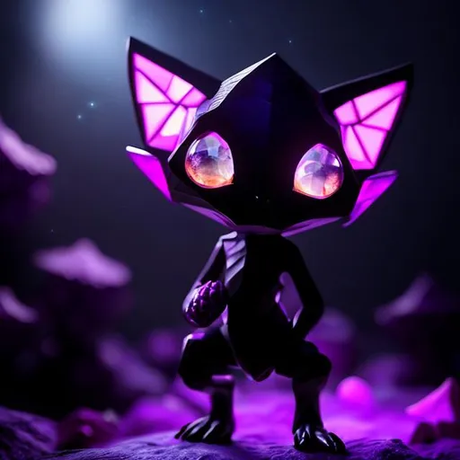 Prompt: Small purple humanoid figure, long pointy ears, large hexagon shaped gems for eyes, a large mouth with small pointy teeth, three fingers on each hand and three toes on each foot, short limbs, crouched stance, purples and blues, dim lighting, cave, spooky, goblin like, dark, smooth skin, crystals, genderless, clear image