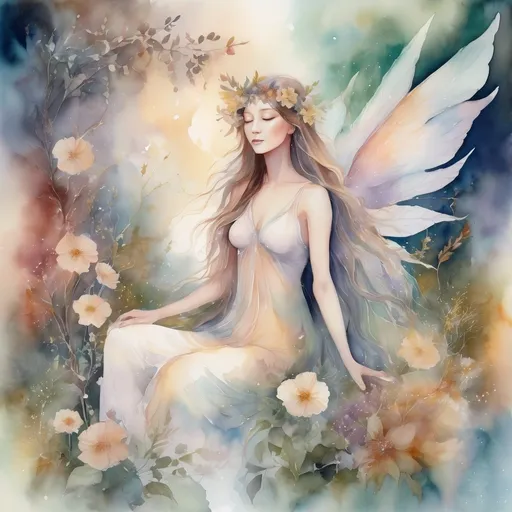 Prompt: (watercolor style), (Faerie Goddess of Peace and Tranquility), ethereal garden filled with ghost flowers, warm color scheme, soft and dreamy light, delicate floral details, serene atmosphere, gentle wisps of mist, harmonious floral arrangements, tranquil emotions radiating, enchanting background with lush greenery, enchanting accents, high quality, ultra-detailed, magical aura surrounding the scene.