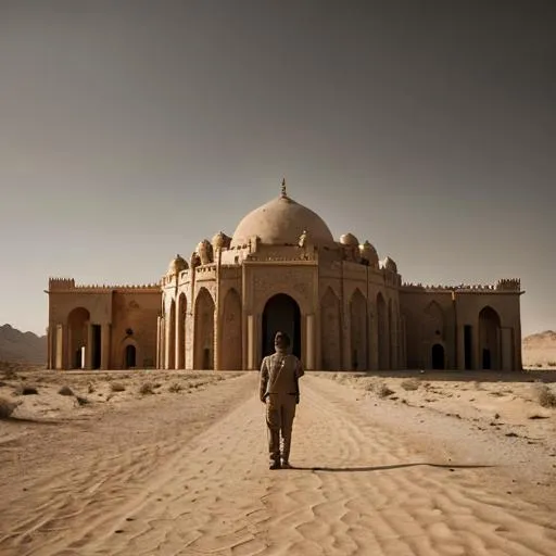 Prompt: Man in the desert builds a palace of hopes, cinematic influence, and next quality