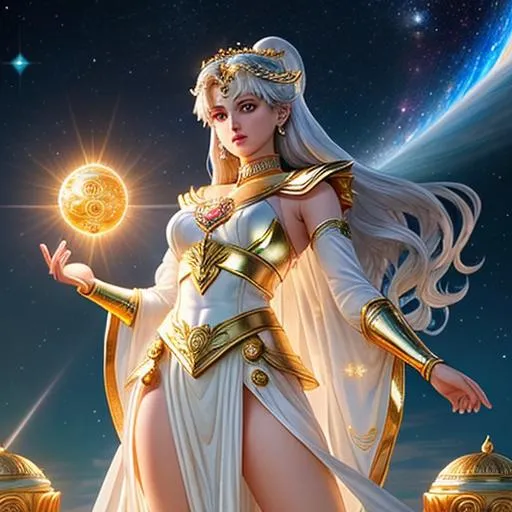 Prompt: ancient goddess Eternal Sailor Moon in her final ultimate godlike shape, illuminated by a soft silvery light, intricate outfit with gold and silver trim, her perfect figure radiating holy energy, holding golden orb from Assassin's Creed, solar system in the background, she stands with a determined air, her gaze unwavering, godly, beautiful detailed eyes glowing with infinite power, absolutely astonishing, razor-sharp focus, cosmic, mesmerizing, (masterpiece), volumetric lighting, light beams, UHD, 16k, HDR, ((((best quality)))), ((((extreme details))))