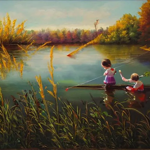 One little girl and a boy fishing in a lake. Artisti