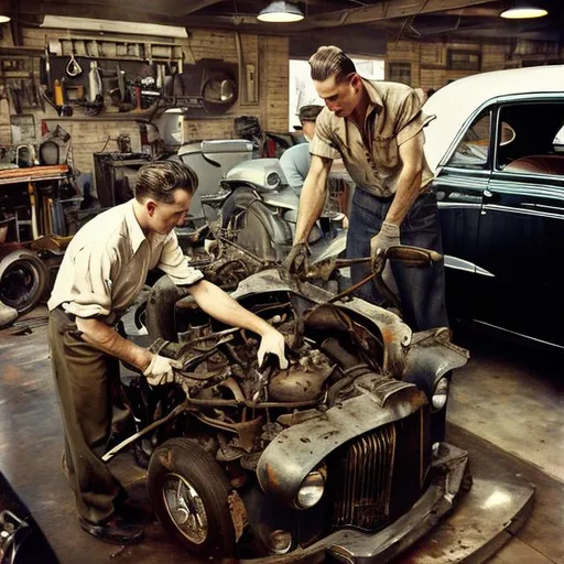 Prompt: Metal Matt Taylor working on an old car in the 1950s, greaser, Norman Rockwell painting