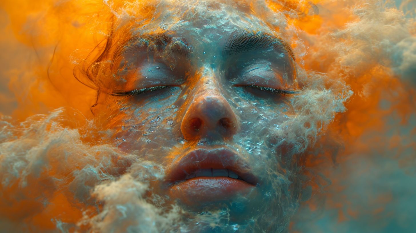 Prompt: 3d digital art best of digital art of the week | 3d animation video art digital arts, in the style of fluid and flowing lines, naturalistic portraits, abundant paint, jon foster, light orange and dark cyan, body extensions, multi-layered