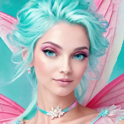 Prompt: skinny fairy  goddess,, pink and aqua, closeup