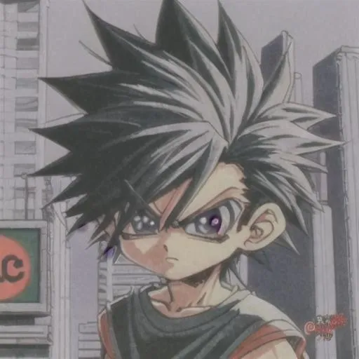 Prompt: cool, character mascot, chibi, boy, spikey anime hair, advertisement, scan lines, retro, tokyo, 90s symmetrical face, urban city in background, on a 90s tv screen, 