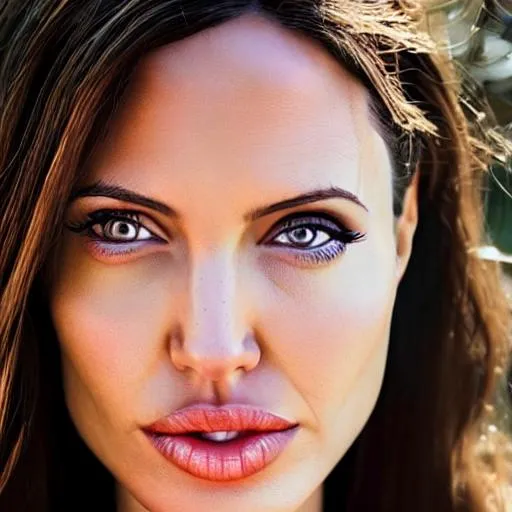 Prompt: photo realistic portrait of a girl exact replica of Angelina Jolie, (tropical island setting: 1.2), at sunset, detailed face, complex, sharp, focused, depth of field, symmetrical face, f/1. 8, 85 mm, Nikon Z9, (image composition in centre: 1.2)