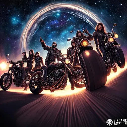 Prompt: An epic fantastic realism comic book style painting of the most beautiful spinning BIKER GANGS , launched across the dark and starry night sky,  fisheye, unreal 5, DAZ, hyperrealistic, octane render, dynamic lighting