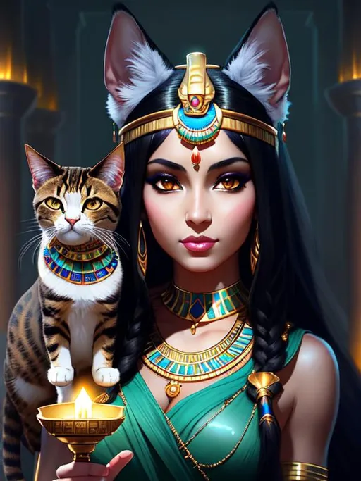Prompt: portrait of the beautiful egyptian goddess, bastet, bast, woman / cat hybrid, soft torchlight in an egyptian tomb, digital art by ruan jia and mandy jurgens and artgerm and william - adolphe bouguereau, highly detailed, trending on artstation, award winning, masterpiece

