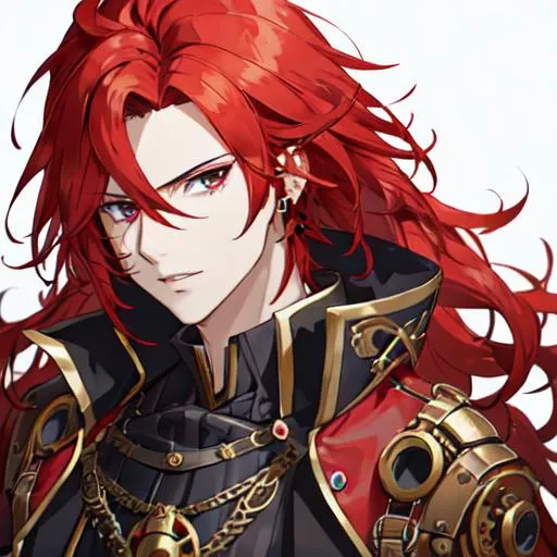 Prompt: Zerif 1male (Red side-swept hair covering his right eye) steampunk, UHD, 8K, highly detailed