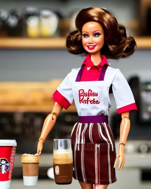 Prompt: RAW photo, a highly detailed photo of a  coffee barista barbie doll in a starbucks coffee uniform, wavy red saran hair, plastic skin, background is a coffee house, segmented model, mattel barbie aesthetic, made of PVC plastic, segmented toy doll, big thick botox lips, barista apron, push up blouse, shorts, coffee shop decorations and style, pale purple accent, ultra detailed, dslr, soft lighting, high quality, film grain