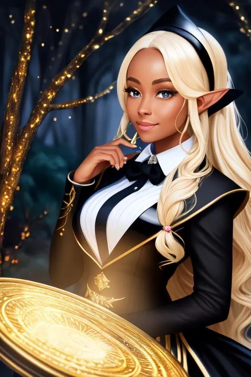 Prompt: show hyperdetailed mage elven Black woman, tuxedo, suit, gloves, blonde, Oil painting, Chiaroscuro, landscape, UHD, 8K, highly detailed, panned out view of the character, visible full body,beautiful blush on her cheek smiling face tears coming from her eyes, close arm, an japan girl with student uniform, glowing vein, busty, cleavage, light particles scaltering around, pale skins, random colorfull uniqe background, juicy, Splash art, epic Instagram, artstation, hyperdetailed intricatelydetailed, unreal engine, fantastical, intricate detail, splash screen, complementary colors, 8k, heavy strokes, splash arts, full height, full body, photograph nikon 50mm f3.5