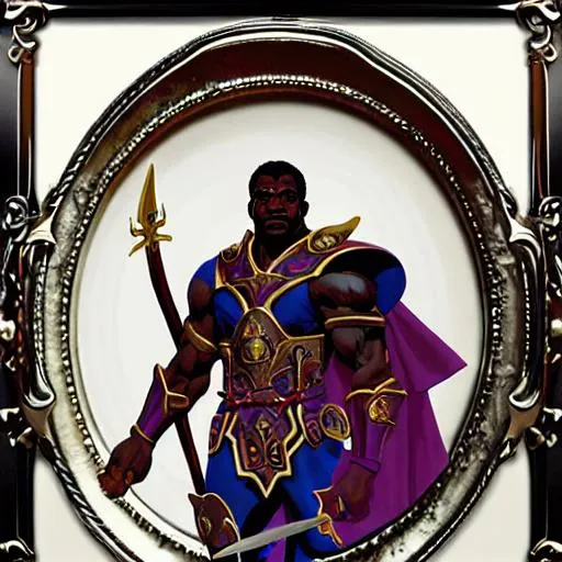 Prompt: Jhon buscema impresion of a protrait of a black man, Holy Paladin of Apsu, the god of Good Chromatic dragons. He wears a Full metal Plate with the symbol of Apsu in the chest and an Elven Curved Blade. He mounts a magnificenrt white horse