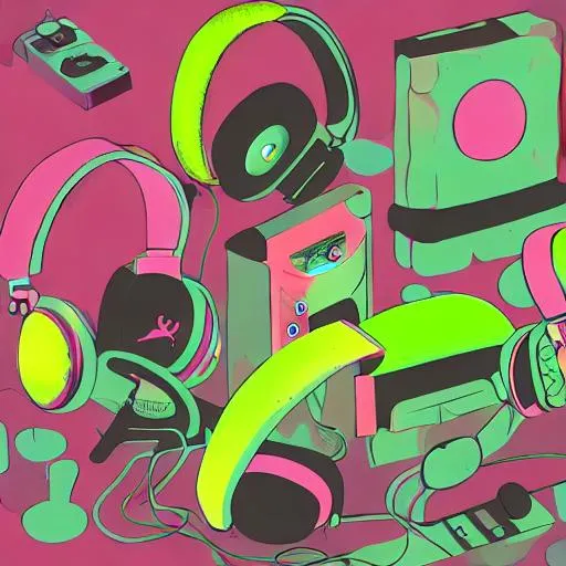 Prompt: Happy people, speakers, microphones, headphones, sound waves, gamepads and joysticks floating in the air around them, in the style of moebius green