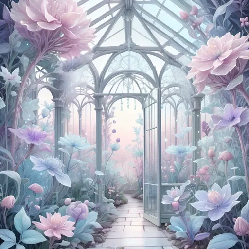 Prompt: White fairytale fantasy crystal greenhouse, bioluminescent pastel flowers, fireflies, pastels color pallet, soft color, white, soft pink, baby blue, lavender, illustration, intricately detailed, hyperdetailed