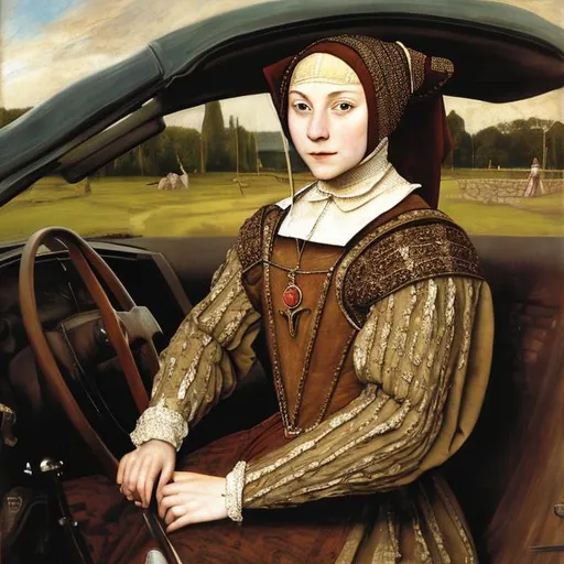 Prompt: Medieval young lady driving a sportscar, dressed in brocate, oil painting, 16th century, realistic, portrait, in the style of Holbein
