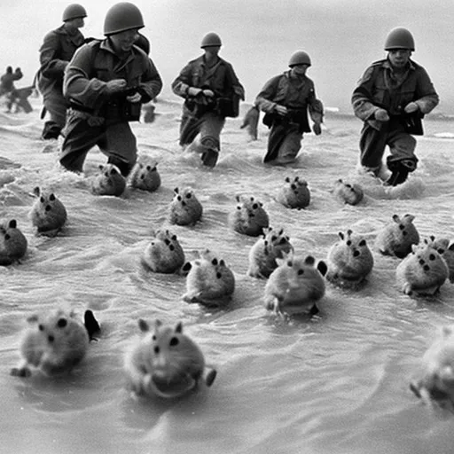 Prompt: hamsters storming the beaches of normandy during ww2