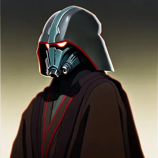 Prompt: ghibli style portrait of an evil villain with a mechanized helmet and  wearing dark colored sith robes