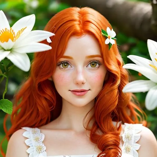 Prompt: Disney princess with ginger hair, white flower in hair, facial closeup

