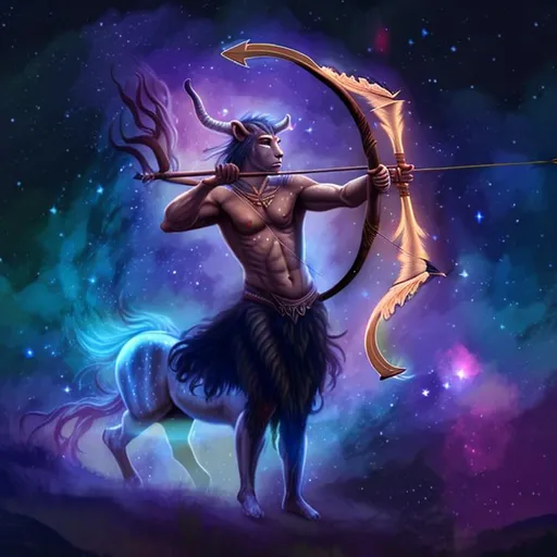 Prompt: a shamanic male centaur holding a bow and arrow in a field of stars and galaxies
