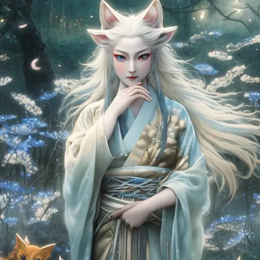 Prompt:  kitsune with vivid blue eyes that glow, long flowing white hair, in decadent silk kimono in a field surrounded by fireflies Hyperrealistic uhd