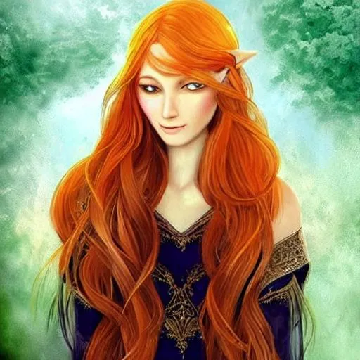 Prompt: Elven 
Orange hair
Women
Pretty
Fantasy 
Art
Green eyes