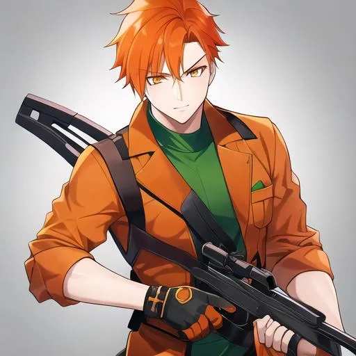 Prompt:  1boy, a man with orange hair and orange eyes holding a crossbow and a green shirt on his chest. Archer. Hunter. Adam Manyoki, sots art, official art, a character portrait