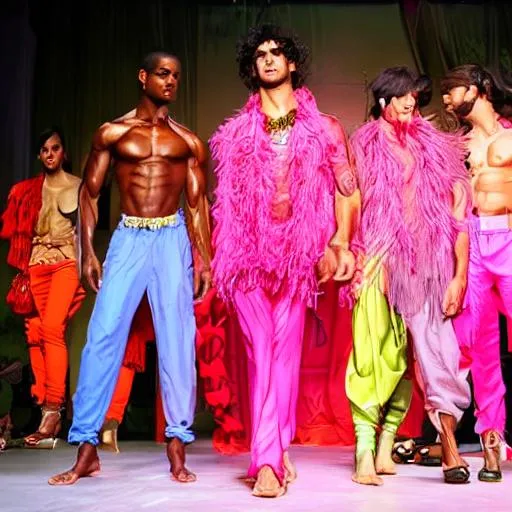 Prompt: An extremely handsome, muscular male model in bright pink clothes, open fringed  vest, harem pants, on a stage