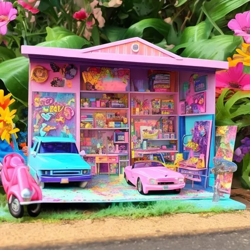 Prompt: Lisa frank style garage sale diorama