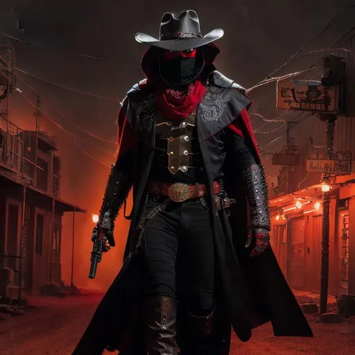 Prompt: Cyber Cowboy with 4 Arms, fiery red Poncho, Dressed in black duster and Stetson Cowboy Hat, with Red eyes, Haunting Presence, Intricately Detailed, Hyperdetailed, Desert Wild West Landscape, Dusty Midnight Lighting, Wild West Feel