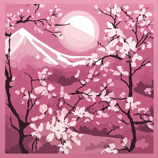 Prompt:  image in a paper-cut style with a pink and white color scheme. The image should include a plum blossom pattern, forest elements, and elements of landscape painting. 