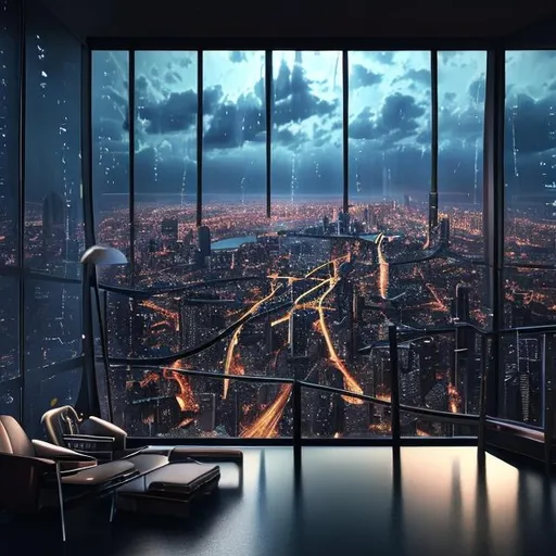 Prompt: Create a hyper-realistic scene that peers through the window of a sleek and futuristic high-rise apartment, capturing the panoramic view of a rainy cityscape below. The rain-streaked glass reveals the mesmerizing interplay of light and shadows on the glistening streets, while the billowing dark clouds create a dramatic backdrop against the neon city lights. The advanced interior design features seamlessly blend with the view, as modern furnishings and minimalist décor accentuate the high-tech ambiance within. The futuristic furniture, characterized by clean lines and subtle illumination, stands in contrast to the stormy weather outside, offering an elegant and contemplative space to witness the urban symphony of rain and wind