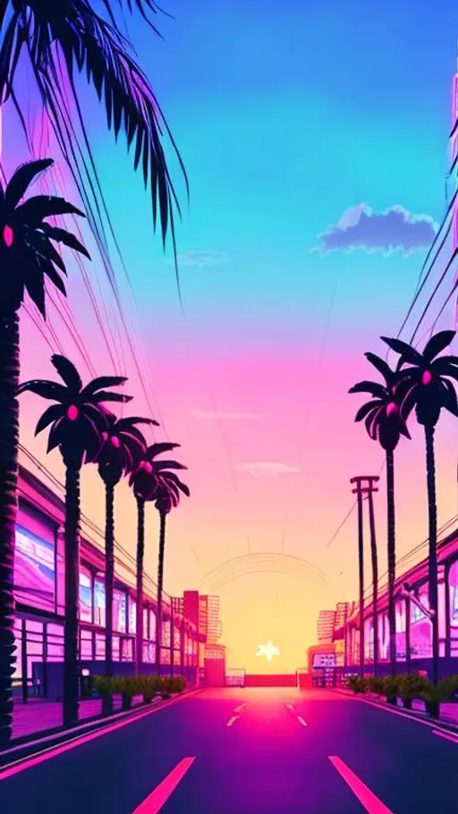 Prompt: vaporwave city, neon lighting, beautiful sunset, palm trees. Retro 