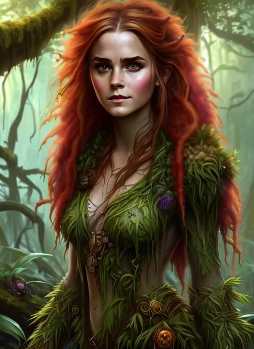 Prompt: forest spore druid by Emma Watson, short red dreadlocks, DnD Fantasy, full body portrait, artstation, 8k, highly detailed, digital painting, posing on the jungle swamp