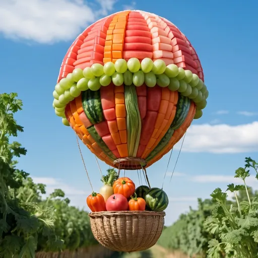 Prompt: A hot air balloon made entirely of fruits and vegetables, with a watermelon as the balloon and a basket made of woven carrots and celery. The sky in the background is clear blue.