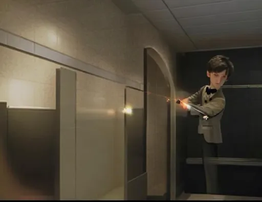 Prompt: 13 year old boy in a tuxedo uses his magic wand to cast a magic spell on a person inside a restroom stall 