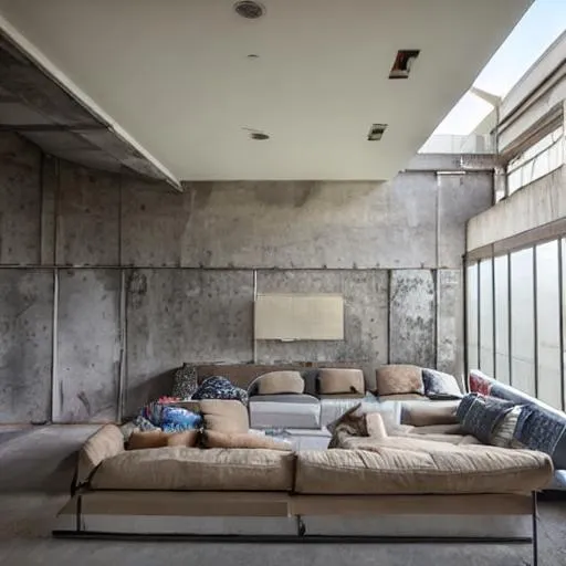 Prompt:  a brutalist architecture Conversation pit
 with lots of natural light.