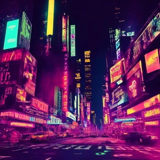 Prompt: view of nyc nightlife through an aesthetic department, neon colors