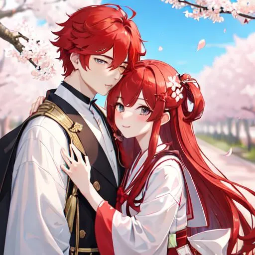 Prompt: Zerif 1male (Red side-swept hair covering his right eye) kissing Haley, 8K, UHD, best quality, under the cherryblossom trees, wearing a Japanese school uniform 