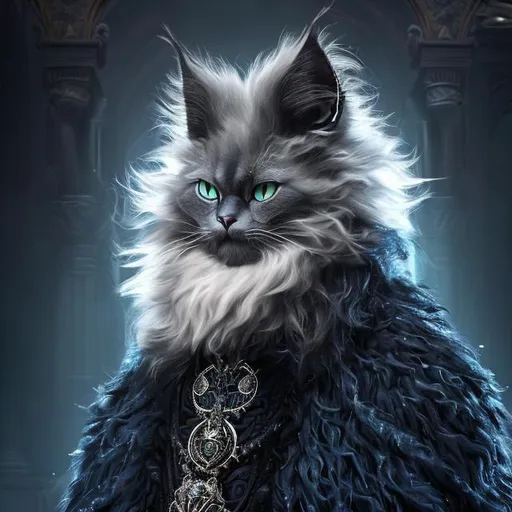 Prompt: <<https://s.mj.run/Q_KknrecACY>> anthropomorphic majestic wizard of black Cat, portrait, blue eyes, blue ears, wearing a finely detailed cloak with realistic furr and royal blue design + ornate intricate silver and white details, powerful pose, ancient lighting, photorealistic, 8k, unreal engine, octane render, full body, d&d, 