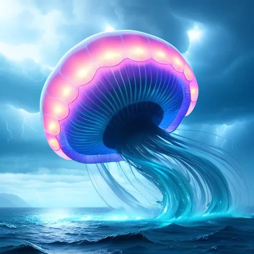 Prompt: gigantic monstrosity jellyfish sea monster, highly detailed body, full body, whole body visible, full character visible, thunder storm, soft lighting, high definition, ultra realistic, extremely detailed, unreal engine 5, 8K, digital art