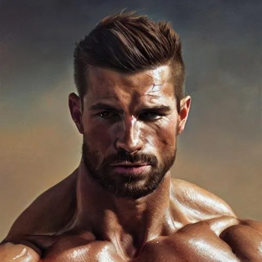 Prompt: Portrait of {muscular men} with {brown} hair and with cute face, {space}, perfect composition, hyperrealistic, super detailed, 8k, high quality, trending art, trending on artstation, sharp focus, studio photo, intricate details, highly detailed, by greg rutkowski, shirtless 