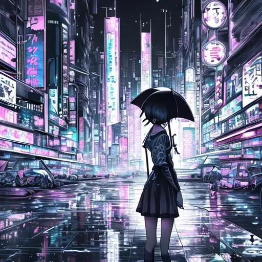 Prompt: An anime girl with an umbrella on the foreground. She is drawing with pencil and in black and white.
On the background a Cyberpunk city with a lots of neon lights.
Two different styles for girl and City.
Girl is a pencil draw in black and white. City is ultra realistic