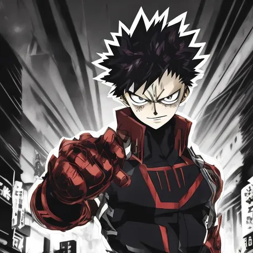 Prompt: My hero academia bakugo as villain. Very Dark image with lots of shadows. Background partially destroyed neo Tokyo. Noir anime. Gritty. Dirty. Detailed. Accurate face and uniform