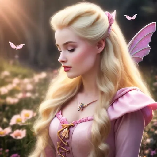 Prompt:  professional photo disney sleeping beauty as live action human woman hd hyper realistic beautiful blonde hair light skin beautiful face pink dress
cottage in forest hd background with live action realistic fairies 