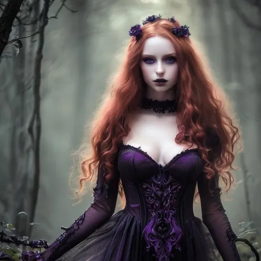 Prompt: HD 4K 3D Stunning, magic, cinematic potrait of gothic nymph, long, curly redhead hair, purple light, sunstrails, perfect female beauty, pale traslucent skin, magic, rich black dress, ethereal, stunning, gorgeous body, gorgeous eyes