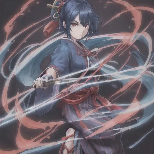 Prompt: girl, Japanese Taisho period, swordman, one bright blue eye, one bright red eye, bright teal colored katana, dark blue button-up blouse, same dark blue colored momohiki trousers, bright red and teal jacket, white bandages wrapped around shin, sandals over same dark blue colored socks 